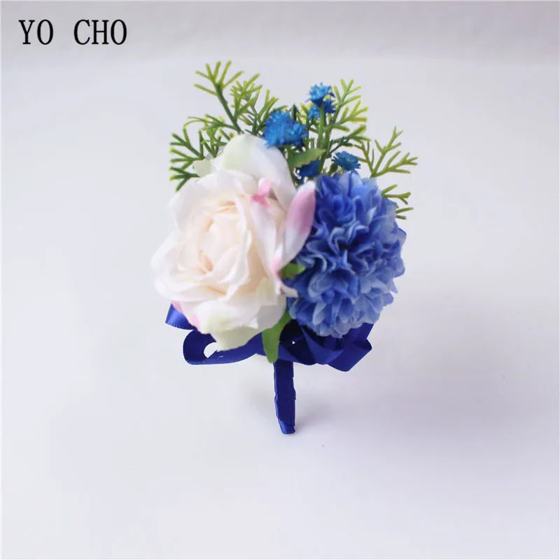 YO CHO Men Boutonniere Bridal Wrist Corsage DIY Silk Rose Bracelet Personal Flower Accessories for Wedding Party Prom Business