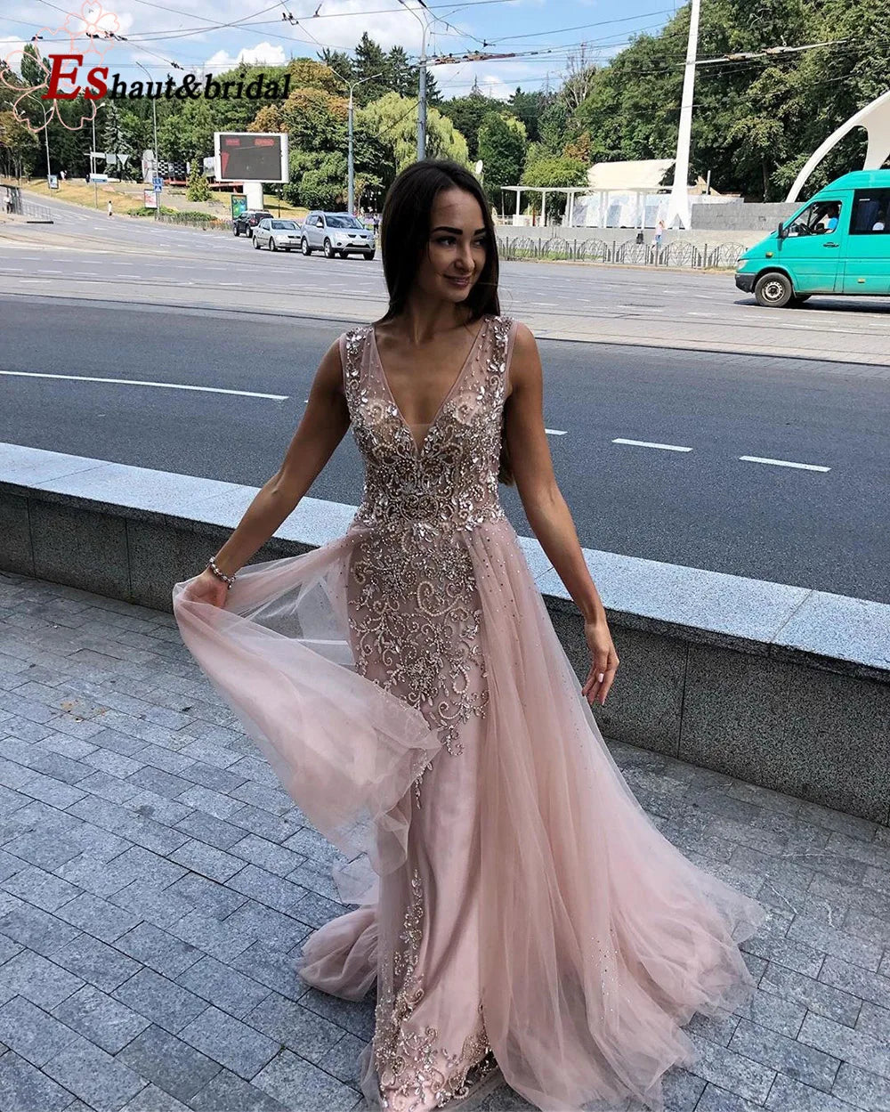 Elegant Mermaid Evening Night Dress for Women 2023 Long Sleeves V Neck Luxury Crystal Tulle Formal Prom Wedding Party Gowns