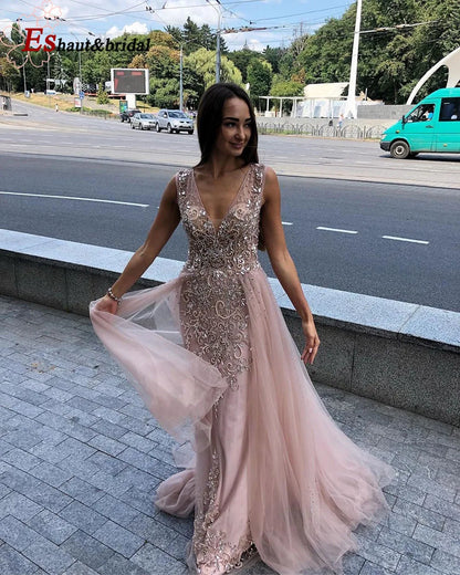 Elegant Mermaid Evening Night Dress for Women 2023 Long Sleeves V Neck Luxury Crystal Tulle Formal Prom Wedding Party Gowns