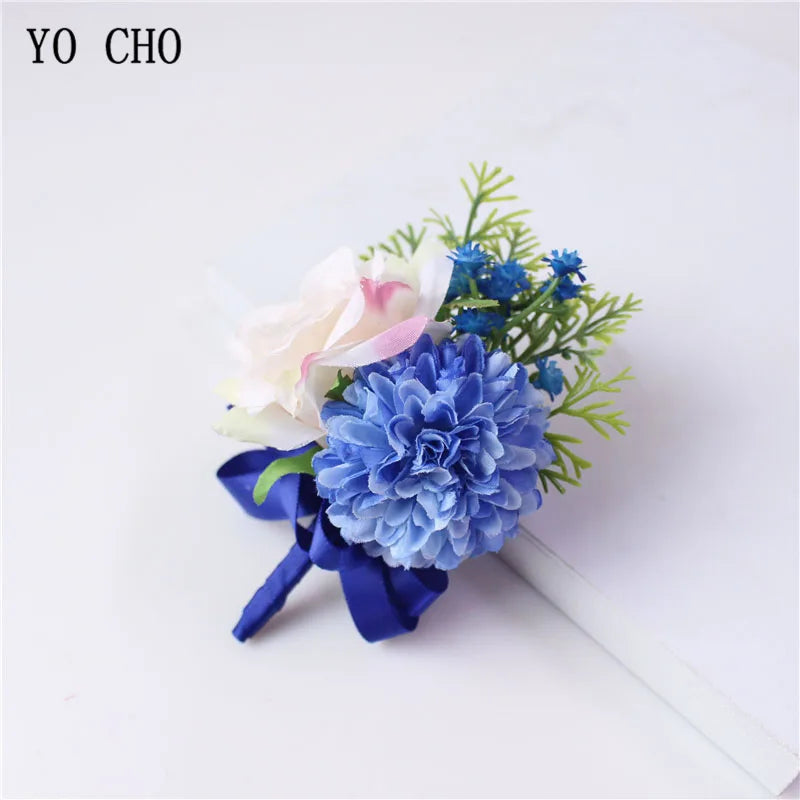 YO CHO Men Boutonniere Bridal Wrist Corsage DIY Silk Rose Bracelet Personal Flower Accessories for Wedding Party Prom Business