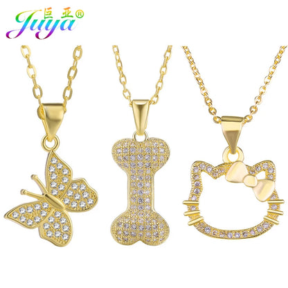 Juya Handmade Fashion Jewelry Supplies Micro Pave Zircon Butterfly Cat Dog Pendant Necklace For Women Birthday Christmas Gift