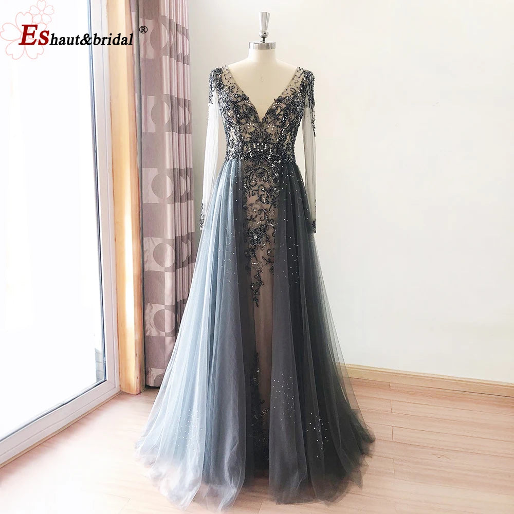 Elegant Mermaid Evening Night Dress for Women 2023 Long Sleeves V Neck Luxury Crystal Tulle Formal Prom Wedding Party Gowns