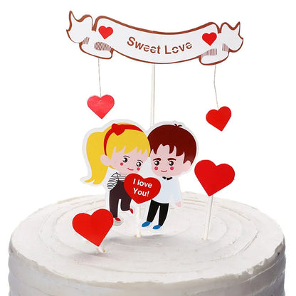 Cartoon Lover Couple Cake Toppers Valentines Day Wedding Party Decorations Cupcake Decors Love Hearts Engagement Gifts Decor