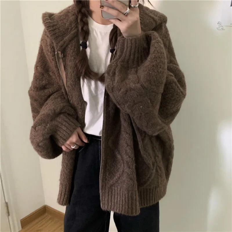 Women Autumn Winter Oversize Knitted Cardigan Casual 2022 Hooded Twist Sweater Zipper Long Sleeve Crochet Outerwear