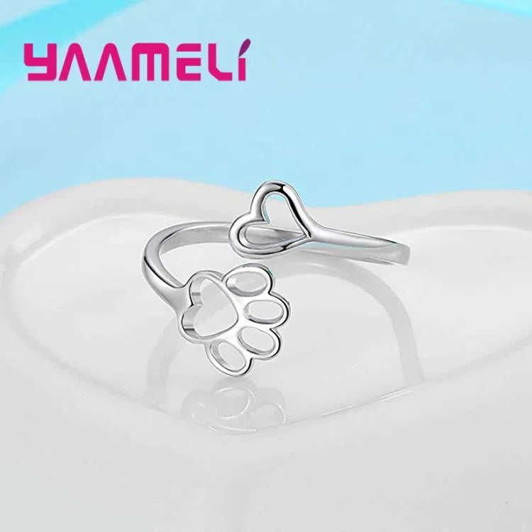 925 Sterling Silver Opening Adjustable Dog Cat Footprints Finger Rings for Men Women Boy Girl Party Jewelry Christmas Gifts