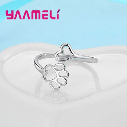 925 Sterling Silver Opening Adjustable Dog Cat Footprints Finger Rings for Men Women Boy Girl Party Jewelry Christmas Gifts