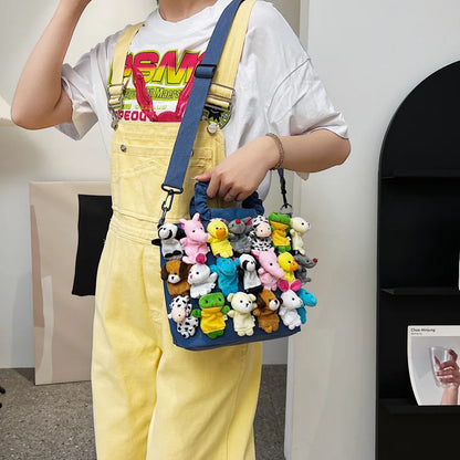 Fashion Women Denim Bucket Cartoon Toy Decoration Handbags and Purses for Female Cute Dolls Design Shoulder Bags Crossbody Bags