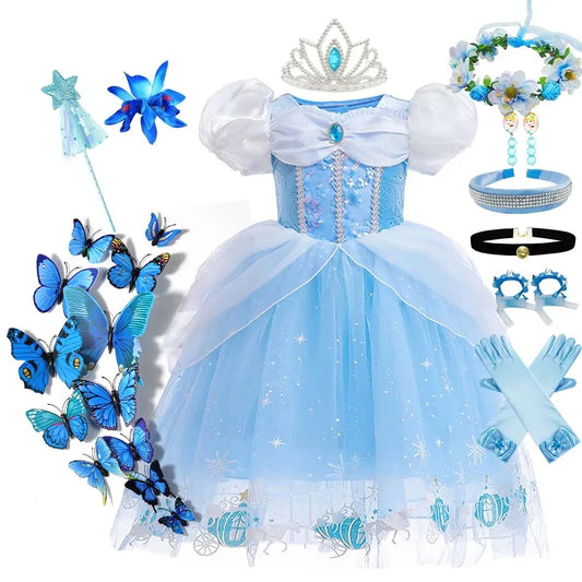 Girl Cinderella Princess Dress Halloween Christmas Ball Gown Girls Carnival Kid Cosplay Costume with Gloves for Birthday Party