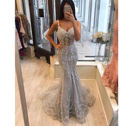 Sexy African Lace Mermaid Prom Dresses For Black Women Sweetheart Floor Length Illusion Pearls Evening Party Gown Robe De Soiree