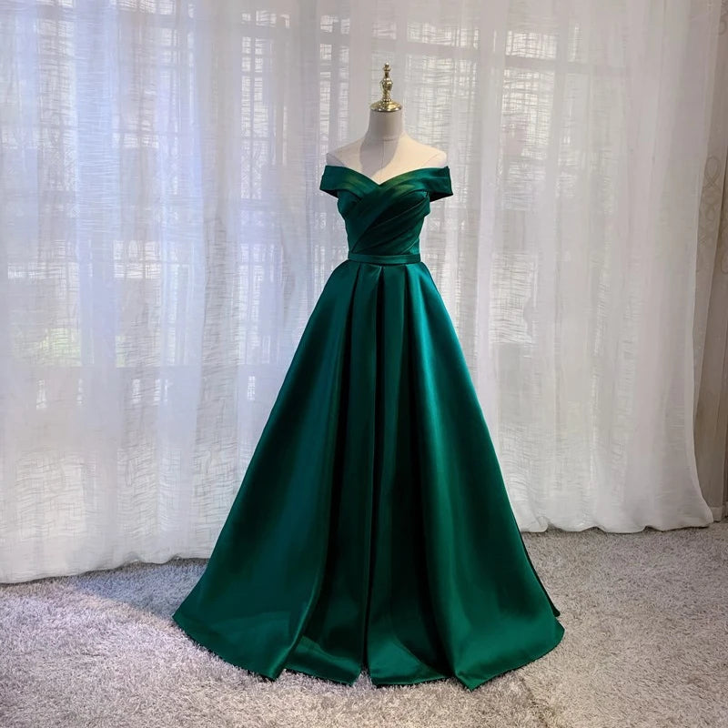 Beauty-Emily Vintage Off The Shoulder Evening Dresses Long Satin Prom Dress Elegant Women Formal Gowns Wedding Maxi Dress Party