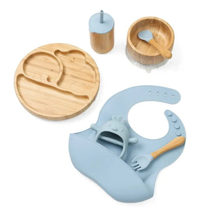 Bamboo Baby Feeding Set Toddler Babies Dishes Stuff Tableware Plate Food Accessory with Silicone Spoon Bib Cup Bowl Teething Toy