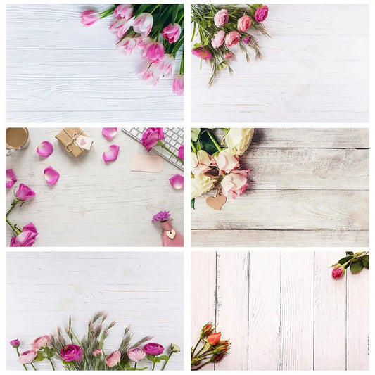 Flowers Wooden Plank Photo Backdrops Vinyl Cloth Backgrounds for Lovers Valentines Day Wedding Photophone Photography Props