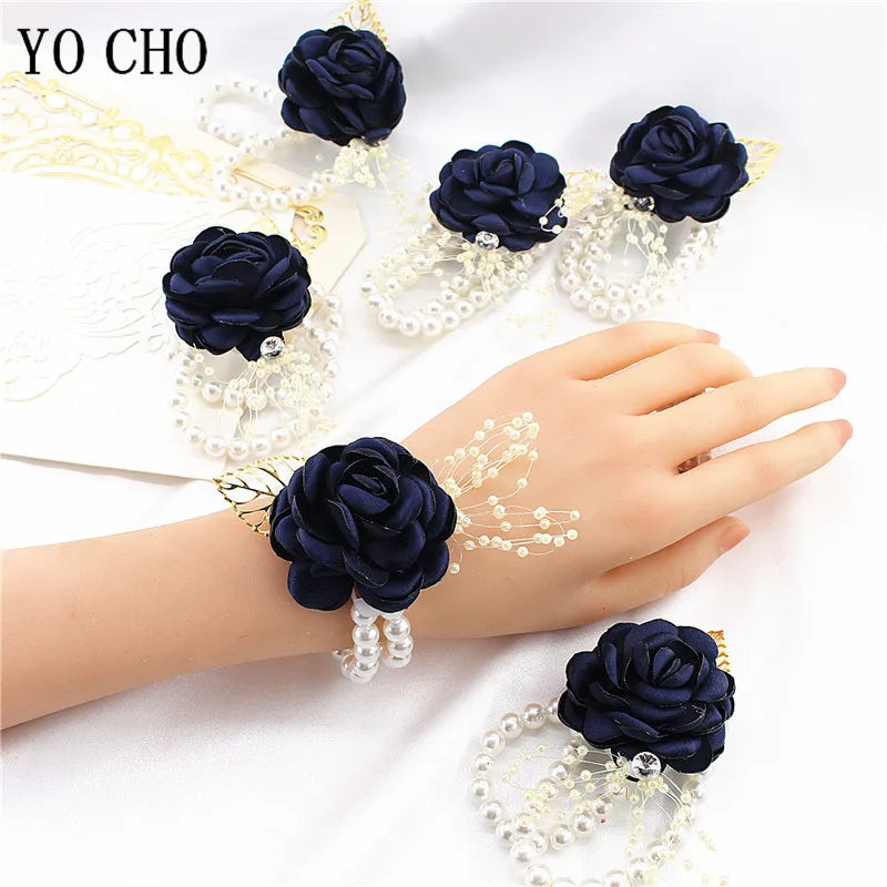 Girls Bridesmaid Wrist Flower Wedding Prom Party Boutonniere Silk Rose Pearl Wristband Bracelet Hand Flowers Wedding Accessories