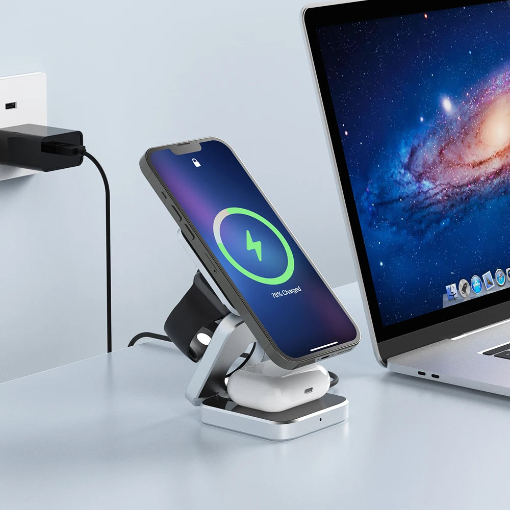 Portable 3 in 1 Foldable Wireless Charger Stand Dock for iPhone 15 14 Holder Magnetic Fast Charging Station for Apple Watch S9