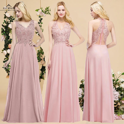 FATAPAESE Sexy V Neck Lace Floral Appliques Long Pink Evening Dress Pearls Backless Party Dresses Formal Dress Bridesmaid Gown