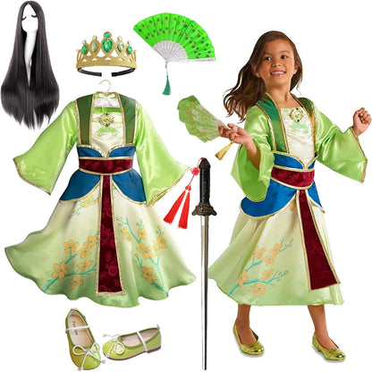 Summer Infant Girls Mulan Dress Halloween Carnival Mulan Cosplay Costume Mulan Wig for Children Birthday Party Toddler Dress Up