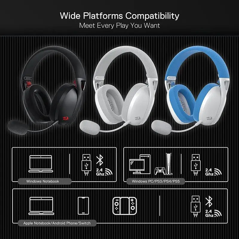 Redragon H848 Bluetooth Wireless Gaming Headset Lightweight 7.1 Surround Sound 40MM Drivers Detachable Microphone Multi Platform