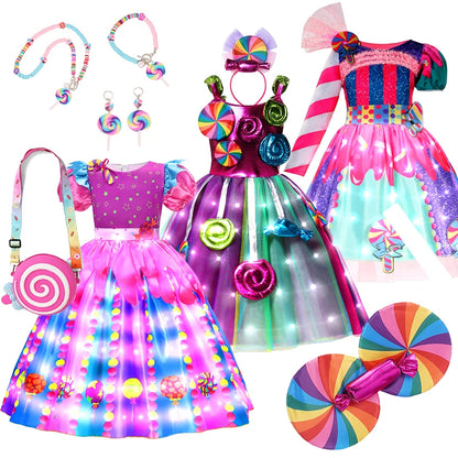 LED Light Up Princess Candy Dress For Girl Lollipop Party Clothing Kids Prium Cosplay Costume 2024 New Years Dress 2-10Y