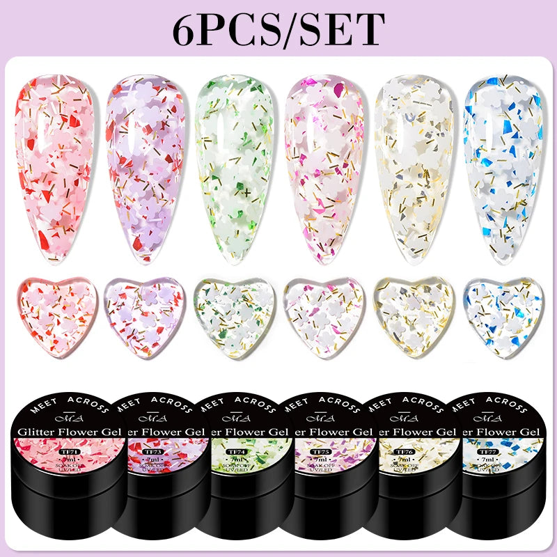 MEET ACROSS 6Pcs/Set Dried Flowers Gel Nail Polish Set For Manicure Translucent Floral Series Uv Gel Soak Off Varnish Nail Art