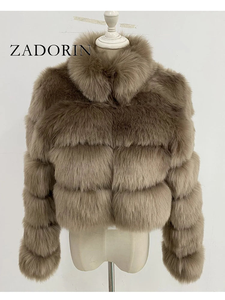 ZADORIN New Fashion Short Winter Faux Fox Fur Coat Women Luxury Stand Fur Collar Thick Warm Furry Jacket Faux Fur Cropped Top