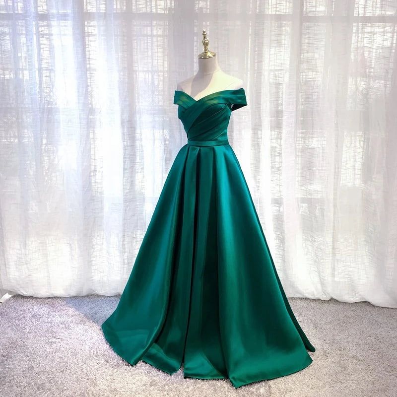 Beauty-Emily Vintage Off The Shoulder Evening Dresses Long Satin Prom Dress Elegant Women Formal Gowns Wedding Maxi Dress Party