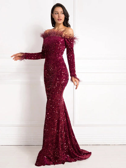 Burgundy Shiny Sequin Feather Velvet Party Dress Long Sleeve Bodycon Stretchy Slash Neck Floor Length Mermaid Dress Black Green