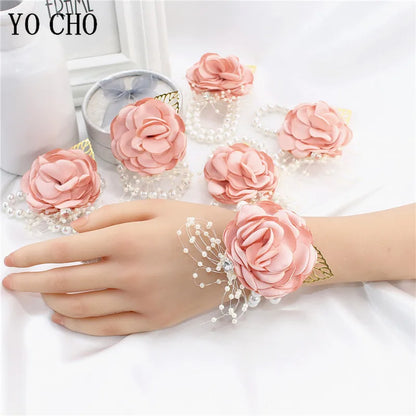 Girls Bridesmaid Wrist Flower Wedding Prom Party Boutonniere Silk Rose Pearl Wristband Bracelet Hand Flowers Wedding Accessories