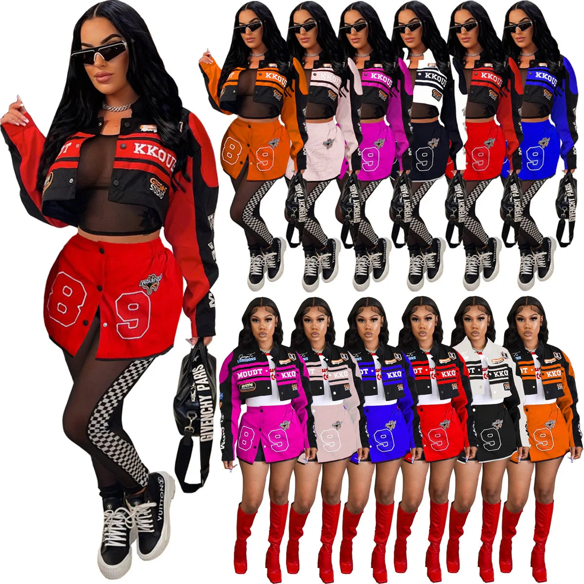 2023 Varsity Detachable Coats Letter Printed Racing Button Up Bomber Jackets Autumn Winter Streetwear Fitness Skirt Matching Set