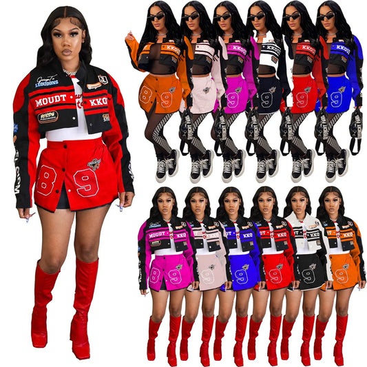 2023 Varsity Detachable Coats Letter Printed Racing Button Up Bomber Jackets Autumn Winter Streetwear Fitness Skirt Matching Set