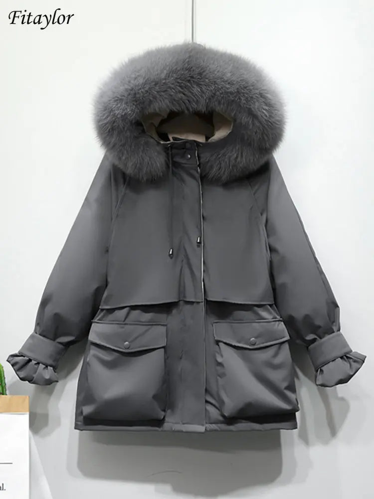 Fitaylor Winter Jacket Women Large Natural Fox Fur White Duck Down Coat Thick Parkas Warm Sash Tie Up Zipper Down Snow Outerwear