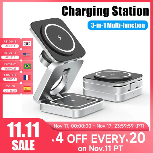 Portable 3 in 1 Foldable Wireless Charger Stand Dock for iPhone 15 14 Holder Magnetic Fast Charging Station for Apple Watch S9