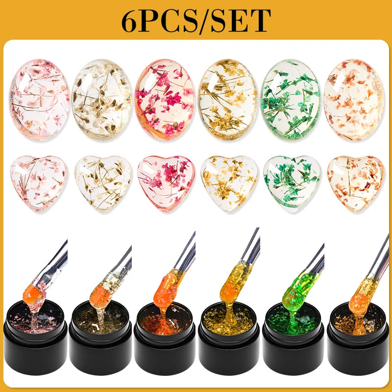 MEET ACROSS 6Pcs/Set Dried Flowers Gel Nail Polish Set For Manicure Translucent Floral Series Uv Gel Soak Off Varnish Nail Art