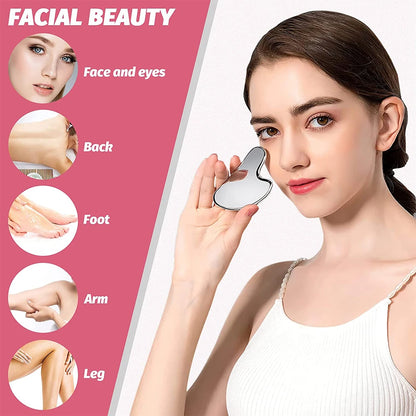 Gua Sha Facial Tool, Stainless Steel GuaSha Massage Tool Natural Universal Facial Silver Metal Gua Sha Board for SPA Acupuncture