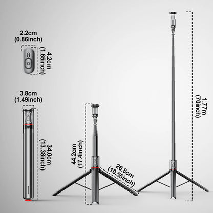 TT01 Portable 70 Inch All-in-one Auto Pop Open Tripod Bluetooth Remote Tripod Bounce Selfie Stick Phone Holder for Vlog/Video