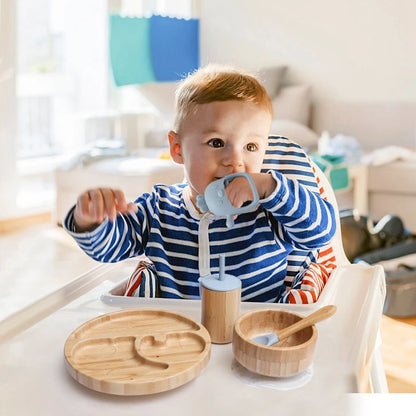 Bamboo Baby Feeding Set Toddler Babies Dishes Stuff Tableware Plate Food Accessory with Silicone Spoon Bib Cup Bowl Teething Toy