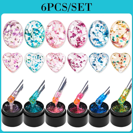 MEET ACROSS 6Pcs/Set Dried Flowers Gel Nail Polish Set For Manicure Translucent Floral Series Uv Gel Soak Off Varnish Nail Art