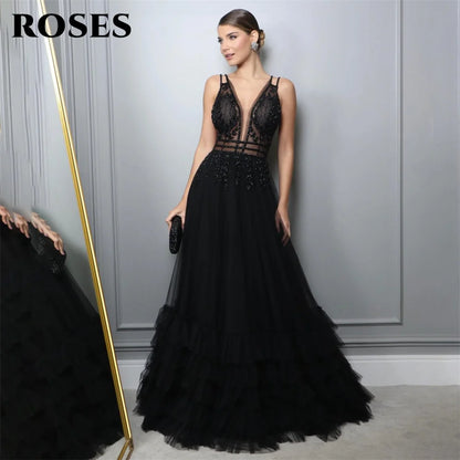 ROSES A Line Tank Evening Dresses Net Beading Sequin Charming Prom Dress Embroidery Party Dresses Custom Size vestidos de noche