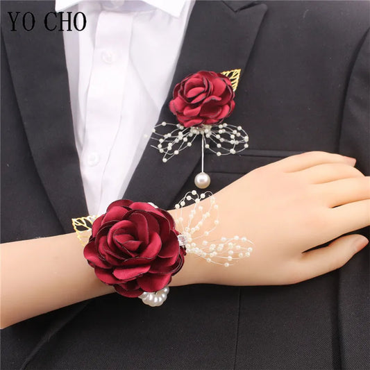 Girls Bridesmaid Wrist Flower Wedding Prom Party Boutonniere Silk Rose Pearl Wristband Bracelet Hand Flowers Wedding Accessories