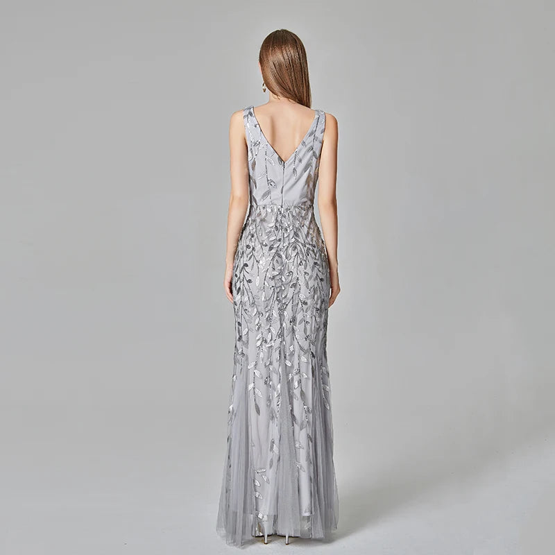 2023 Silver Gray Elegant Fashion Evening Dresses Sexy Simple V Collar Open Back Sleeveless Embroidered Beads Fishtail Dress Gown