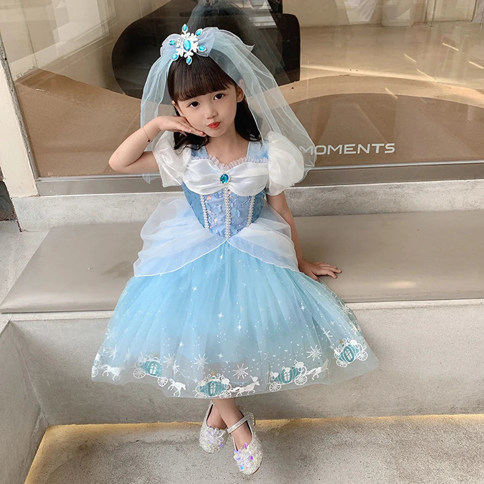 Girl Cinderella Princess Dress Halloween Christmas Ball Gown Girls Carnival Kid Cosplay Costume with Gloves for Birthday Party