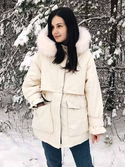 Fitaylor Winter Jacket Women Large Natural Fox Fur White Duck Down Coat Thick Parkas Warm Sash Tie Up Zipper Down Snow Outerwear