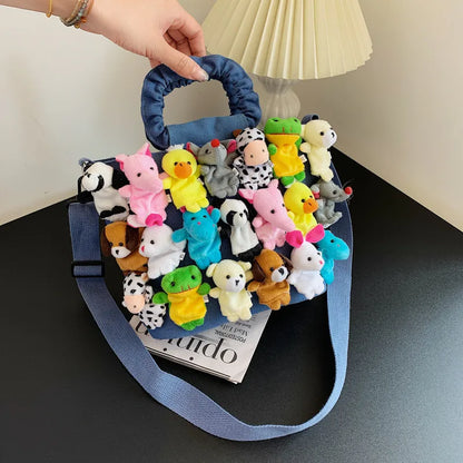 Fashion Women Denim Bucket Cartoon Toy Decoration Handbags and Purses for Female Cute Dolls Design Shoulder Bags Crossbody Bags