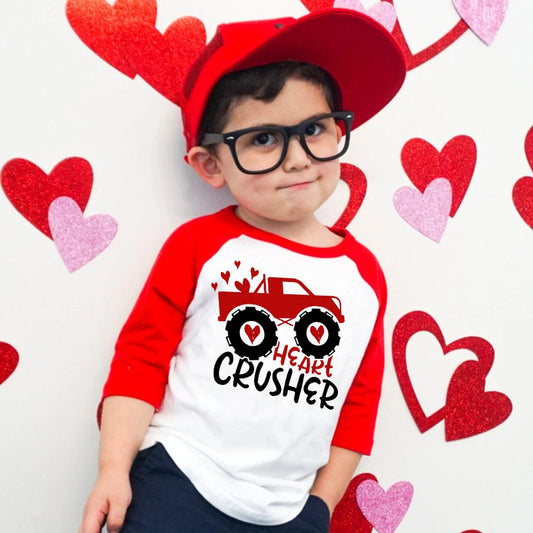 Heart Crusher Truck Print T Shirts Kids Raglan T-shirt Children Long Sleeve Clothing Valentine Party Outfits Tops for Girls Boys