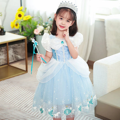 Girl Cinderella Princess Dress Halloween Christmas Ball Gown Girls Carnival Kid Cosplay Costume with Gloves for Birthday Party