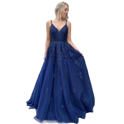 Lace Navy Blue V-neck Vestidos De Fiesta Noche Prom Party Evening Dresses Robe De Soiree Gown Frock Long Soft Tulle Lace-up