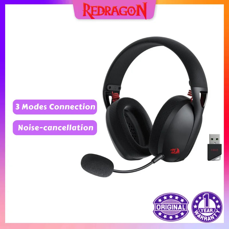 Redragon H848 Bluetooth Wireless Gaming Headset Lightweight 7.1 Surround Sound 40MM Drivers Detachable Microphone Multi Platform