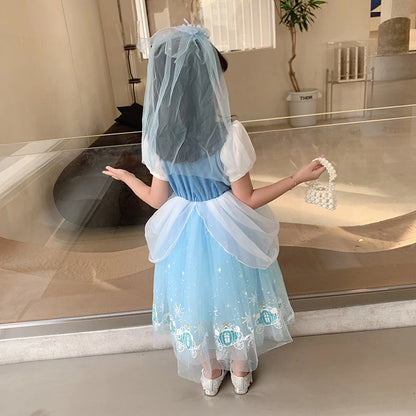 Girl Cinderella Princess Dress Halloween Christmas Ball Gown Girls Carnival Kid Cosplay Costume with Gloves for Birthday Party