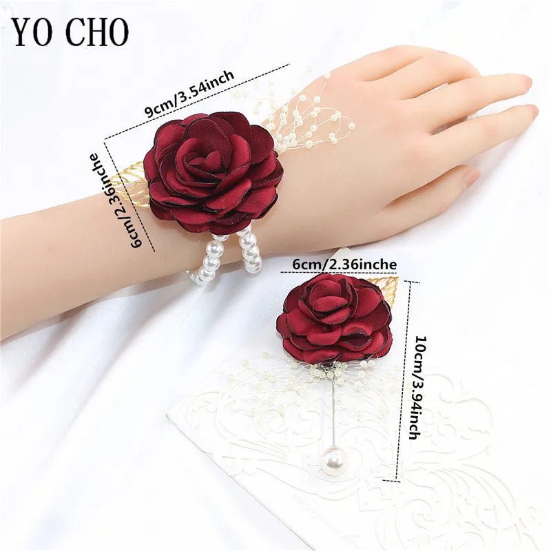 Girls Bridesmaid Wrist Flower Wedding Prom Party Boutonniere Silk Rose Pearl Wristband Bracelet Hand Flowers Wedding Accessories