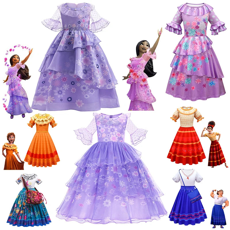 Disney 2-10Year Girls Encanto Princess Dress Mirabel Isabela Kids Halloween Cosplay Costume For Baby Birthday Party Clothing