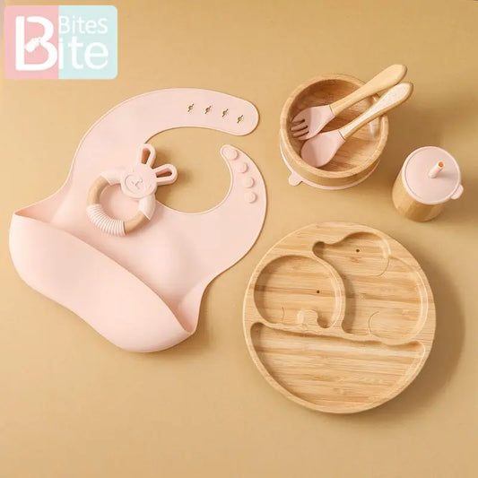 Bamboo Baby Feeding Set Toddler Babies Dishes Stuff Tableware Plate Food Accessory with Silicone Spoon Bib Cup Bowl Teething Toy